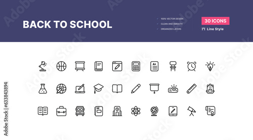 30 Back to School Icons Pack - Line Style