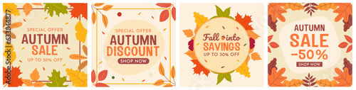 Autumn sale banner, background template design. Collection of hand-drawn fall templates for social media, cards, invitations, advertising, web.  Sale, discount, shop.