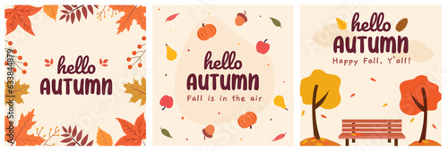 Hello autumn greeting card collection. Fall banner, poster set. Hand-drawn vector illustrations with leaves, trees, pumpkins, acorns.