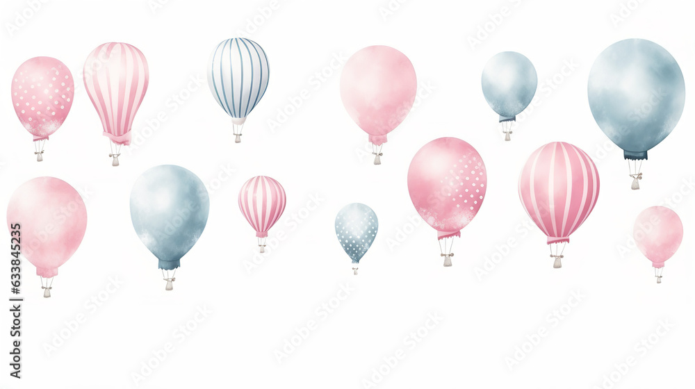 Air Balloons. Hand drawn Watercolor illustration with light blue and pink round Ballons. 