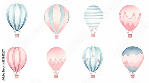 Air Balloons. Hand drawn Watercolor illustration with light blue and pink round Ballons. Cute set for birthday party