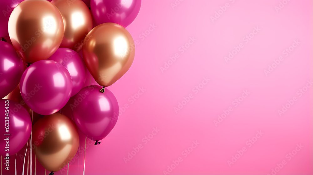 Bunch of shiny pink and golden balloons on magenta background, for birthday, wedding or other events. 