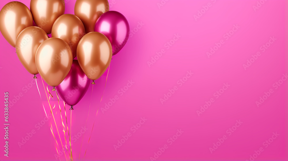 Bunch of shiny pink and golden balloons on magenta background, for birthday, wedding or other events. 