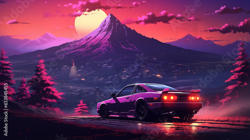 car in the mountains, retro illustration