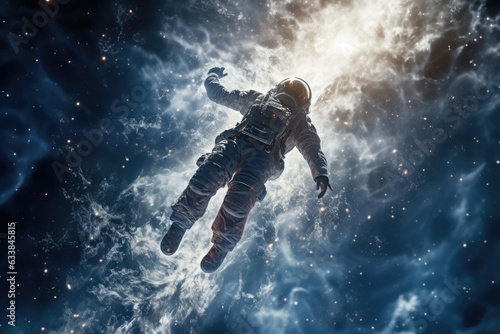 Zero gravity, astronaut floating among swirling stardust.
