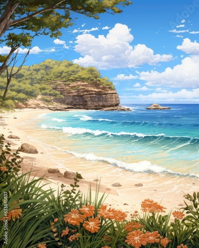 Sandy beach, clear blue waters, warm sun.