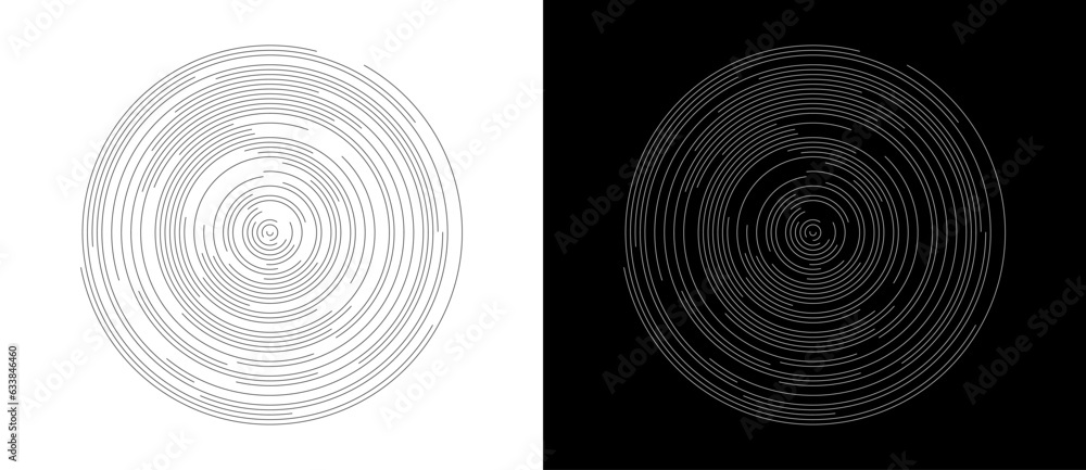 Abstract background with circles. Art lines graphic design. Black shape on a white background and the same white shape on the black side.