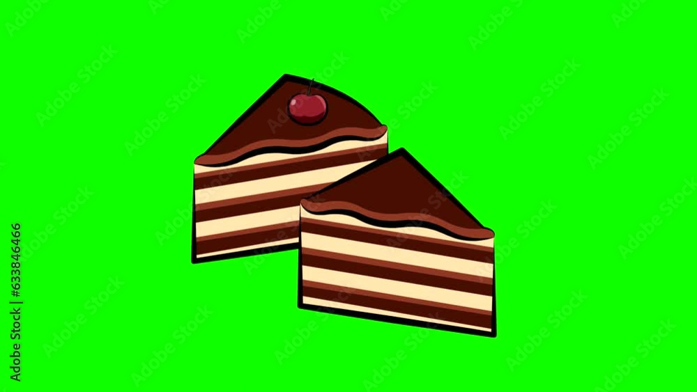Two slices of cake animated in cartoon style with green background, 2d