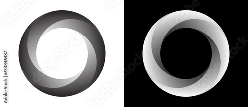 Circle with four segments and gradients. Logo or icon for any project. Black shape on a white background and the same white shape on the black side.