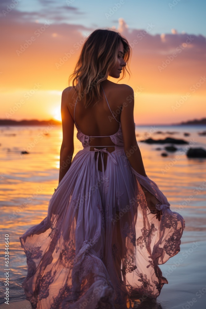 Seductive blonde woman in sexy dress posing on the beach in sunset light. Perfect wavy hairs, tan skim body. Summer tropical mood. View from back. Seductive blonde woman in sexy dress posing on the beach in sunset light. Perfect wavy hairs, tan skim body. Summer tropical mood. View from back.
