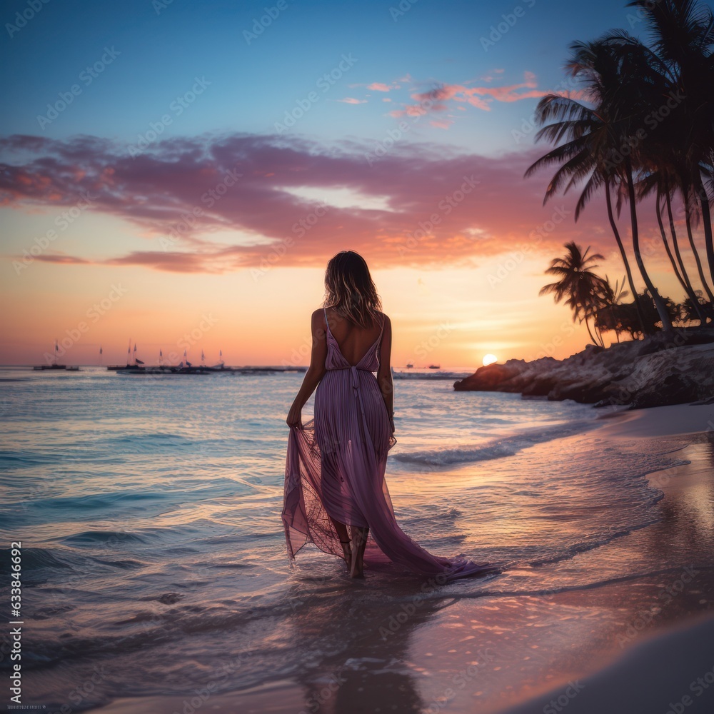 Fototapeta premium Seductive blonde woman in sexy dress posing on the beach in sunset light. Perfect wavy hairs, tan skim body. Summer tropical mood. View from back.