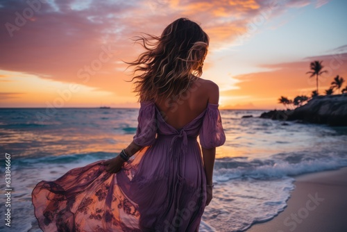 Seductive blonde woman in sexy dress posing on the beach in sunset light. Perfect wavy hairs, tan skim body. Summer tropical mood. View from back. © aboutmomentsimages