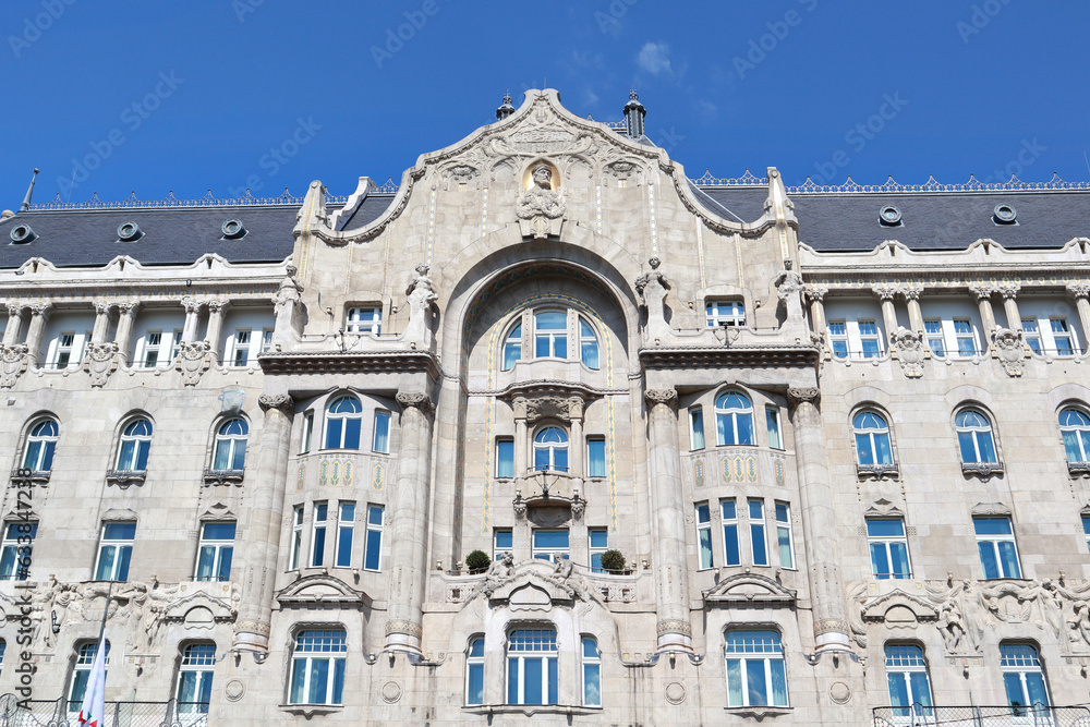Rich decoration of historical vintage house at Roosevelt Square in Budapest, Hungary
