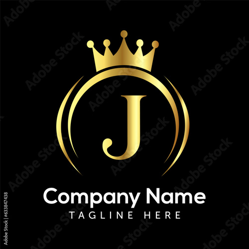Letter j jewellery logo design with golden crown vector.