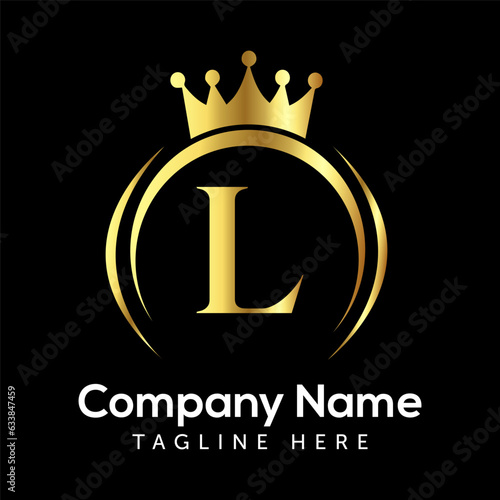 L letter logo design with golden crown vector.