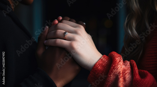 Two people with different skin colors holding hands with each other. The concept of diversity and equality. Created with Generative AI technology.