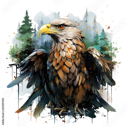 A majestic Amerikan Eagle T-Shirt Design featuring the eagle as a guardian spirit of a mystical forest, with glowing runes and ethereal wings, Generative Ai