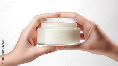 Woman holds a jar of beauty cream in her hands on a white background. Created with Generative AI technology.