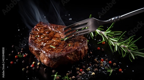 Grilled beef steak with spices on a black background. Beef steak on a fork sprinkled with rosemary and sea salt. generative ai
