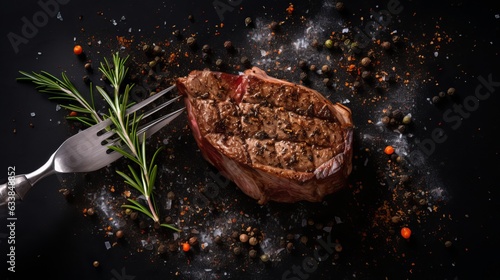 Grilled beef steak with spices on a black background. Beef steak on a fork sprinkled with rosemary and sea salt. generative ai