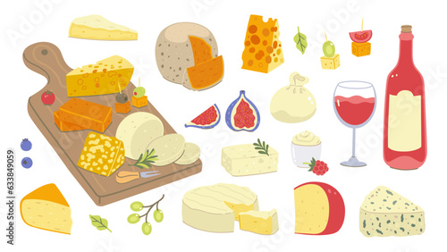 Set of cheese, wine and food isolated on white background. Cheese on the board. Vector graphics.