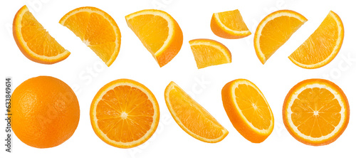 A set of sliced and whole oranges on a white isolated background. Round and half round orange slices of different sizes from different sides close-up.