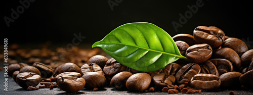 Brown roasted coffee with green leaves. Created with Generative AI technology.