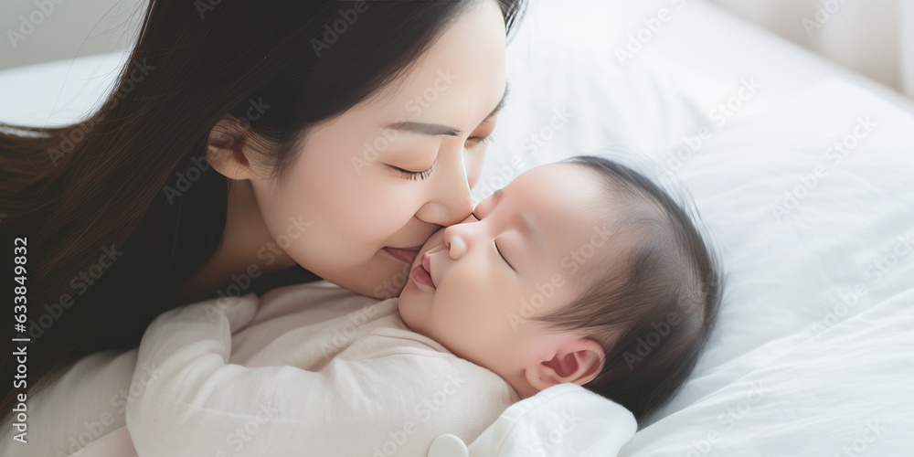 Close up portrait of beautiful young asian caucasian mother day girl kissing healthy newborn baby sleep in bed Close up portrait of beautiful young asian caucasian mother day girl kissing healthy newborn baby sleep in bed