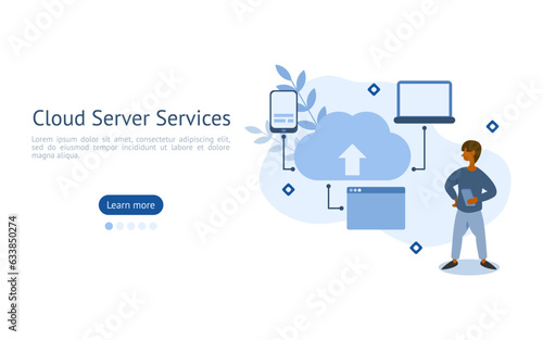 Cloud service illustration. characters are looking at multiple devices on cloud server services. cloud server service concept. vector illustration.