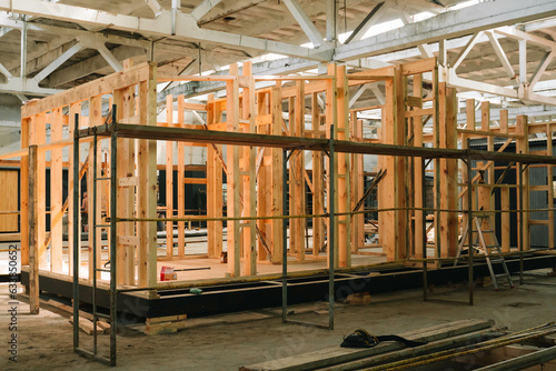 The frame of the new modular house. Construction of new and modern prefabricated modular house from composite wood panels