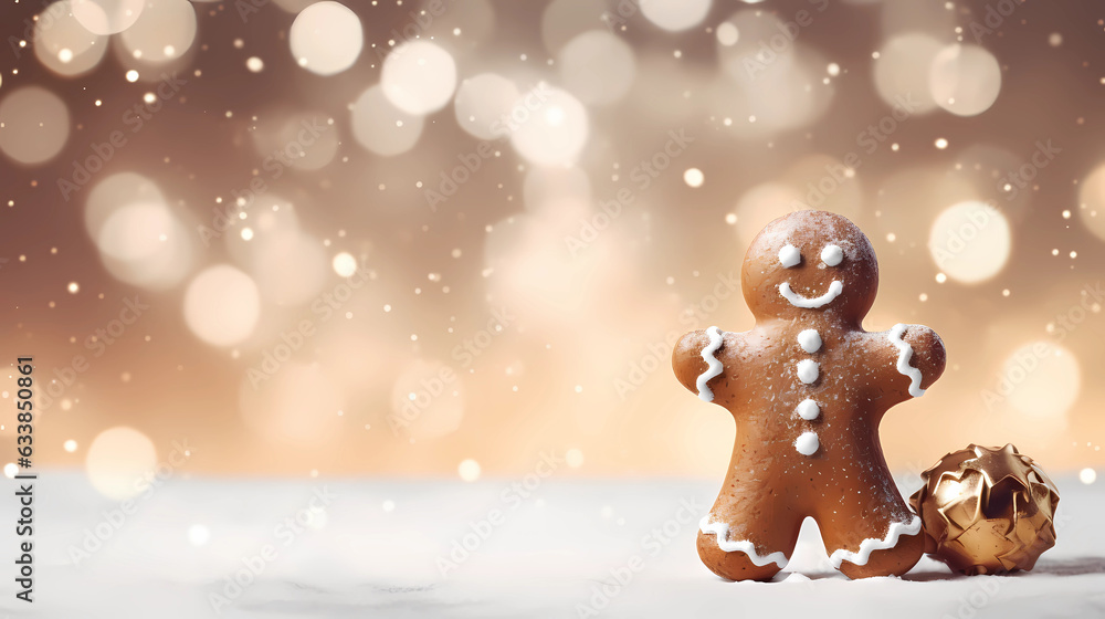 Lebkuchenmann vor weihnachtlichem Hintergrund, Bokeh und Tiefenschärfe für Weihnachtsgrüße erstellt mit generativer KI