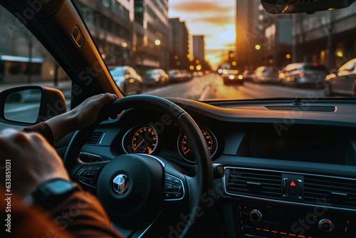 A man driving through city streets at dusk, captured from the driver's perspective, reflecting an urban commute and the calm ambiance of evening travel.