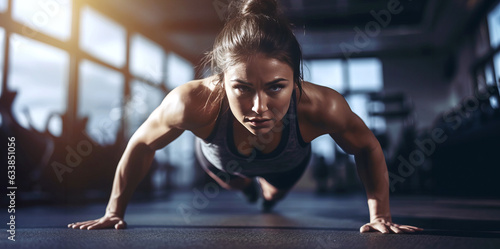 Close-up of a young woman in the gym, pushing through an intense set of push-ups. Her face reflects fierce determination and vitality, exemplifying perseverance in her fitness lifestyle.