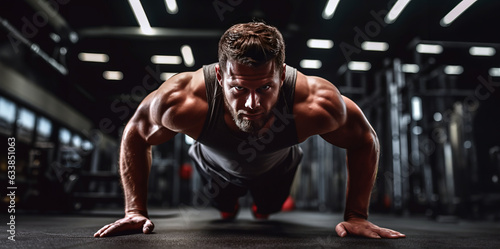 Close-up of a man in the gym  engaged in push-ups. His face radiates fierce determination and vitality as he exemplifies perseverance  strength  and a fitness-focused lifestyle.