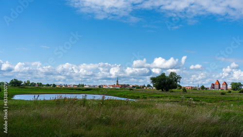 View over the Elbe meadows to the town of Wittenberge in north-west Brandenburg