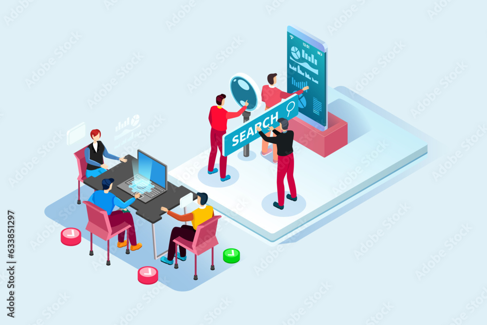 Flat isometric vector business illustration. small people characters develop creative business idea. Flat isometric vector business illustration. small people characters develop creative business idea.