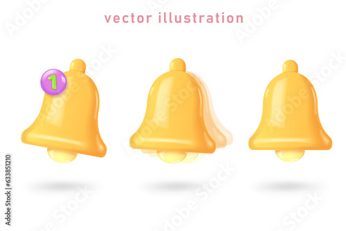 3d notification bell icon. 3d render yellow ringing bell with new notification for social media reminder. Realistic vector icon