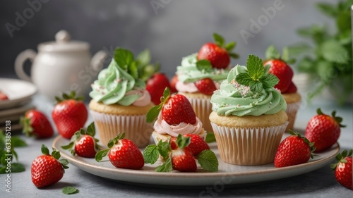 Freshly Baked Euphoria: Strawberry and Mint Cupcakes on Display, Generative AI