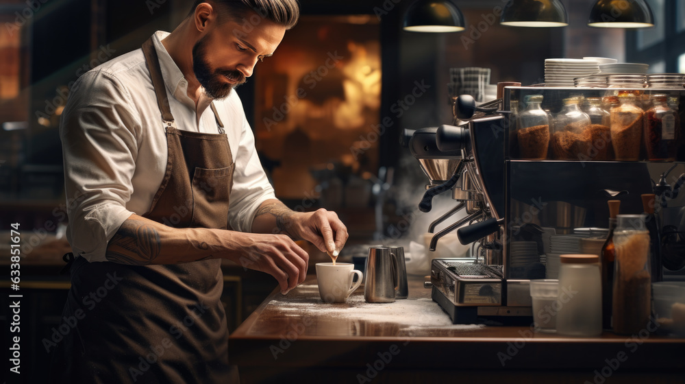 Barista Cafe Making Coffee Preparation. Service Concept. Created with Generative AI technology. Barista Cafe Making Coffee Preparation. Service Concept. Created with Generative AI technology.