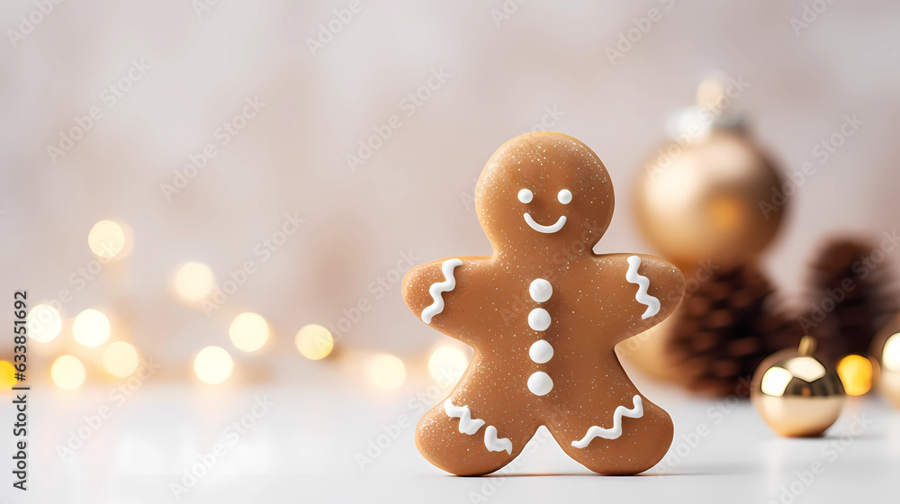 Lebkuchenmann vor weihnachtlichem Hintergrund, Bokeh und Tiefenschärfe für Weihnachtsgrüße erstellt mit generativer KI