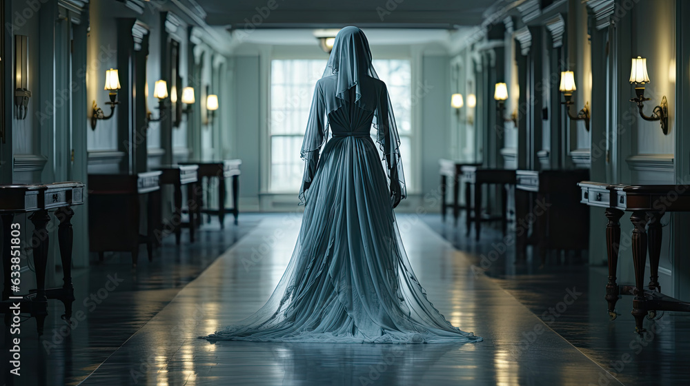 Mysterious woman with white veil walking in the hotel corridor with a terrifying atmosphere. Halloween concept. Mysterious woman with white veil walking in the hotel corridor with a terrifying atmosphere. Halloween concept.