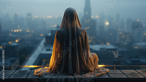Mysterious woman with white veil sitting on the top of building and looking at below city. Halloween and scary concept.
