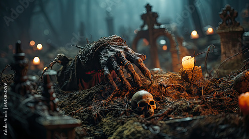 A zombie hand emerges from a grave in abandoned city with a terrifying atmosphere. Halloween and scary concept. © PIC SNIPE