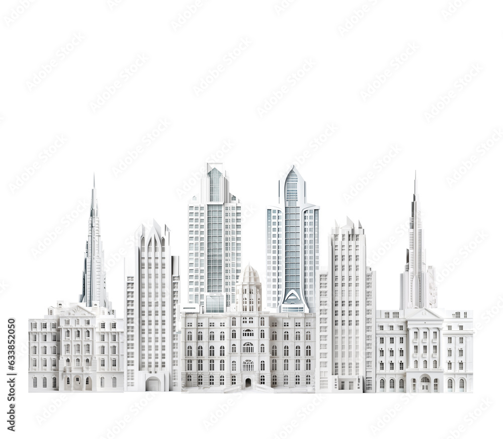 Beautiful city with skyscrapers and historical buildings front view panorama paper cut design. Background on white with space for text 