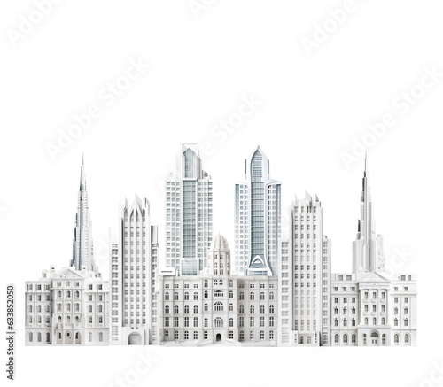 Beautiful city with skyscrapers and historical buildings front view panorama paper cut design. Background on white with space for text 
