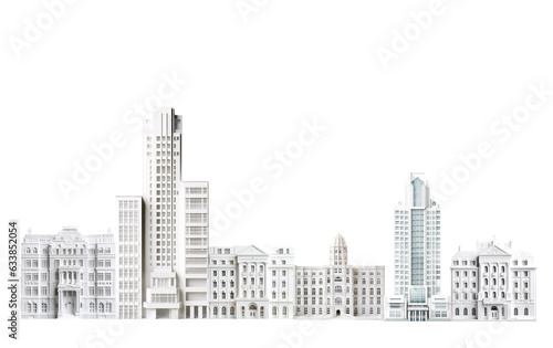 Beautiful city with skyscrapers and historical buildings front view panorama paper cut design. Background on white with space for text 