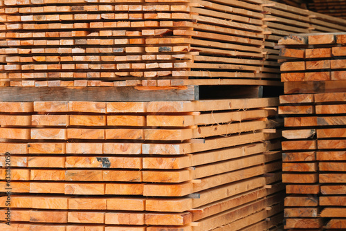 Wooden boards, lumber, industrial wood, timber. Pine wood timber