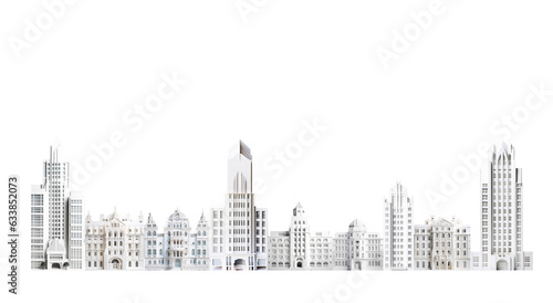 Beautiful city with skyscrapers and historical buildings front view panorama paper cut design. Background on white with space for text  © IRStone