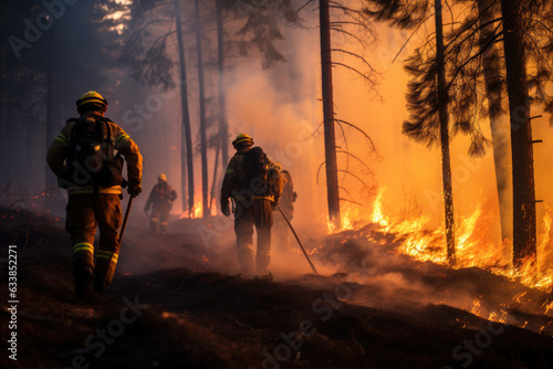 Extensive wildfires raging through national parks and forests. Firefighters battling a large fire. Burning trees. Climate change, global warming, drought, natural disaster, environmental crisis