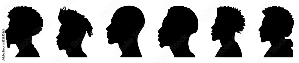 Silhouettes of African American men. Profile with various hairstyles. profile with various hairstyles